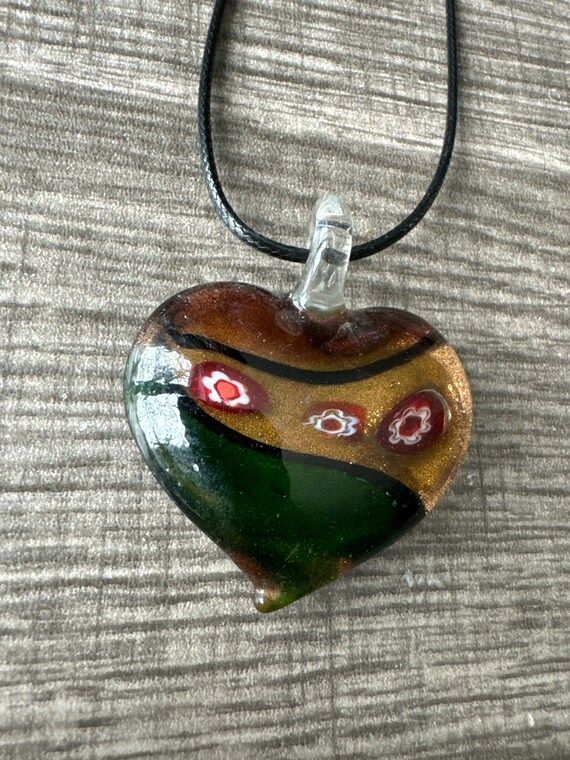 Millefiori Flower Lampwork Glass Heart Pendant Necklace