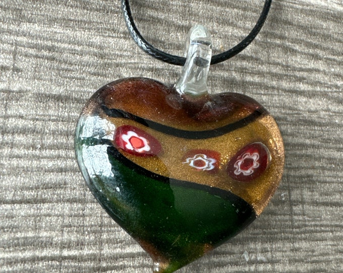 Millefiori Flower Lampwork Glass Heart Pendant Necklace