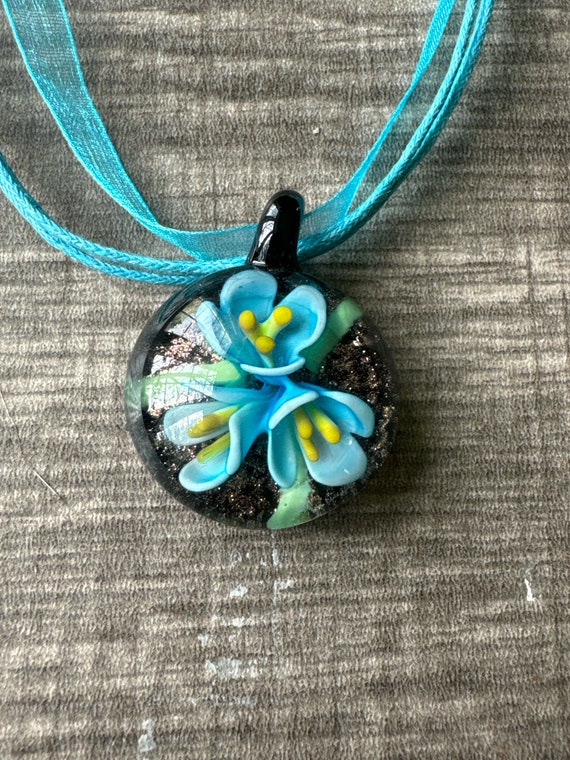 Blue Flower Murano Glass Lampwork Pendant Necklace