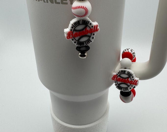 Baseball “Mom” Life Tumbler Set | Stanley Cup Accessories | Cup Handle Bracelet | Baseball Straw Charm | Baseball Handle Bracelet