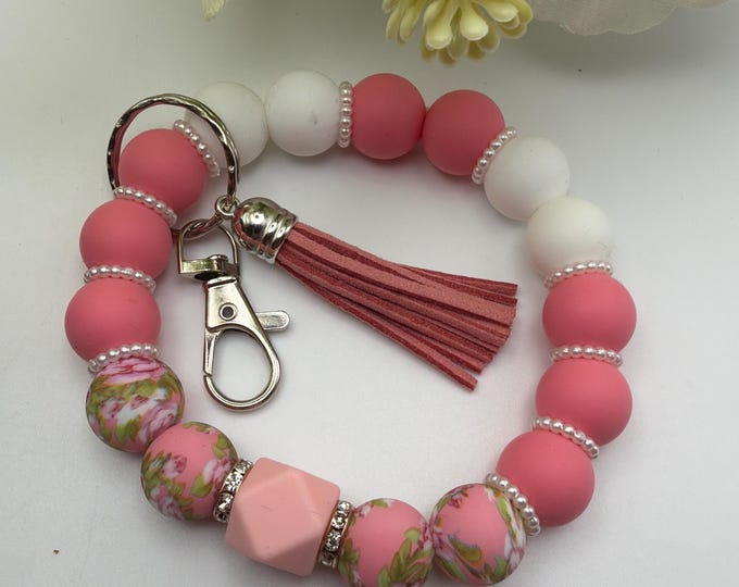 Pink Floral Print Wristlet/Keychain | Pink Bead Wristlet/Keychain