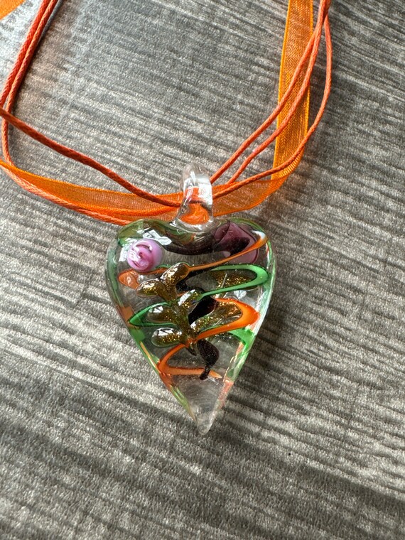 Orange/Green Heart Pendant | Murano Glass Heart | Swirl Heart Pendant Necklace
