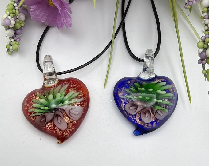 Heart Lampwork Pendant Necklace | Flower Heart Pendant Necklace