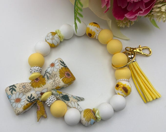 Flower Bow Wristlet/Keychain | Yellow Flower Silicone Bead Wristlet | Purple Silicone Bead Key Chain
