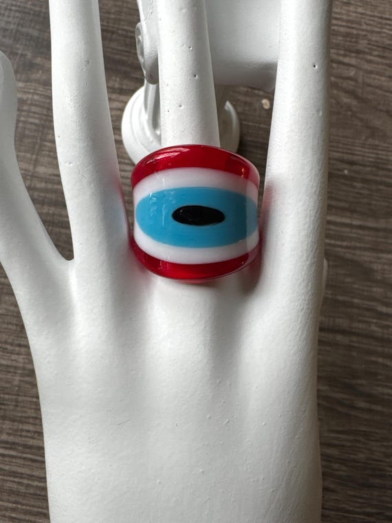 Red Evil Eye Glass Dome Ring - Size 8 1/4