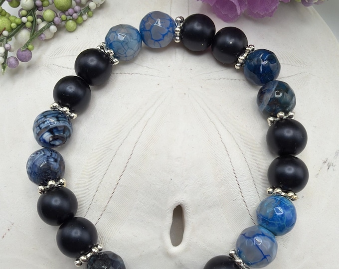 Dyed Agate Stretch Bracelet | Blue Agate Stretch Bracelet | Matte Black Pearl Bracelet