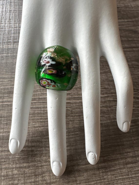 Green Millefiori Design Statement Glass Ring