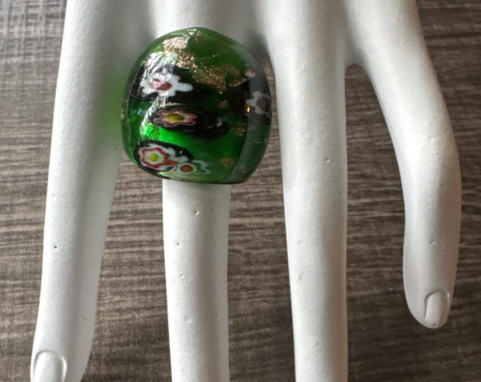 Green Millefiori Design Statement Glass Ring