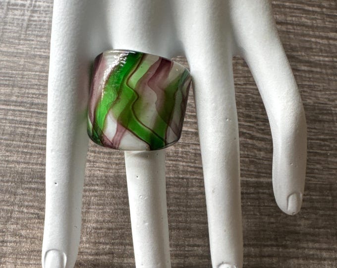 Purple/Green/White Ring | Murano Glass Ring | Striped LampWork Ring - Size 8
