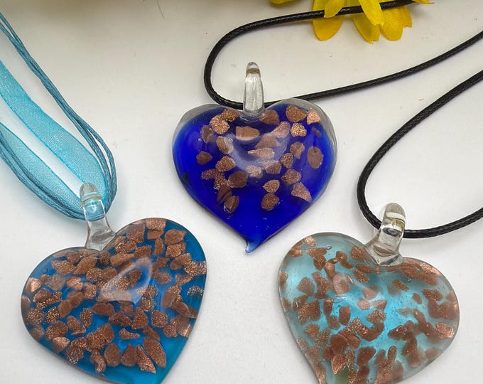 Heart Pendant Necklace| Lampwork Glass Heart | Gold Fleck Pendant Necklace