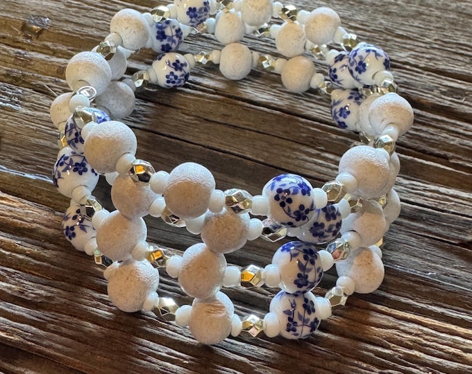 Blue Porcelain Flower & White Lava Bead Memory Wire | Lava Stone Bracelet | Wrap Bracelet | Flower Bracelet