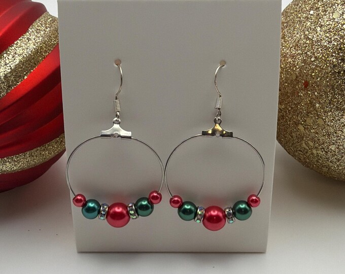 Christmas Pearl Hoop Earrings | Holiday Earrings | Stocking Stuffers