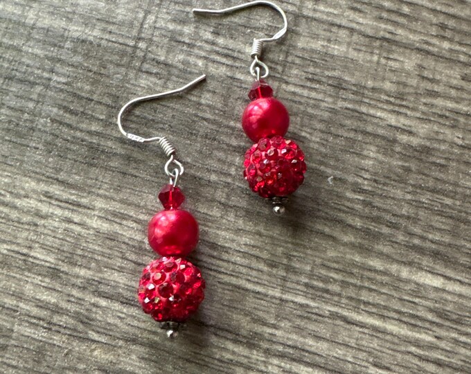 Red Pave Bead Earrings | Christmas Earrings | Stocking Stuffers | Red Disco Ball Earrings