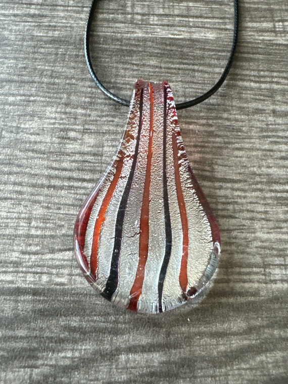 Silver/Red/Black Striped Pendant | Glass Drop Pendant Necklace