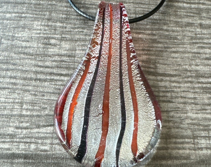 Silver/Red/Black Striped Pendant | Glass Drop Pendant Necklace