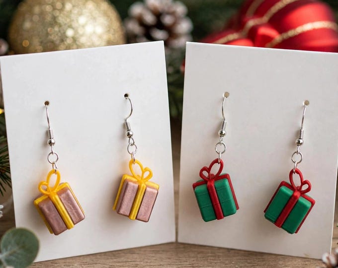 3D Printed Gift Box Earrings – Christmas Present Dangle Earrings, Holiday Jewelry, Xmas Gift