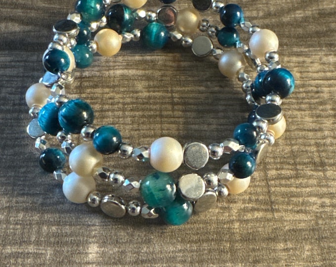 Blue Tiger Eye & Pearl Bead Memory Wire Bracelet | Tiger Eye Bracelet | Memory Wire Bracelet