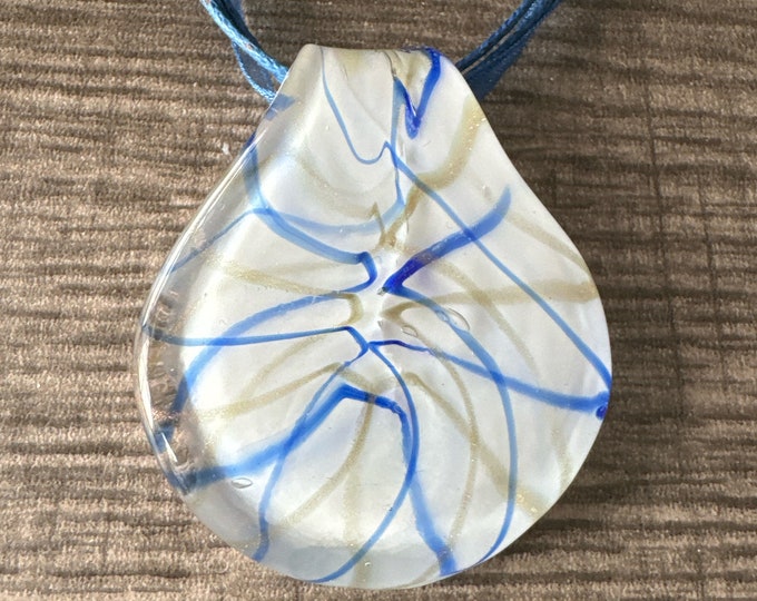 White/Blue/Gold Clam Shell Pendant | Glass Clamshell Pendant Necklace