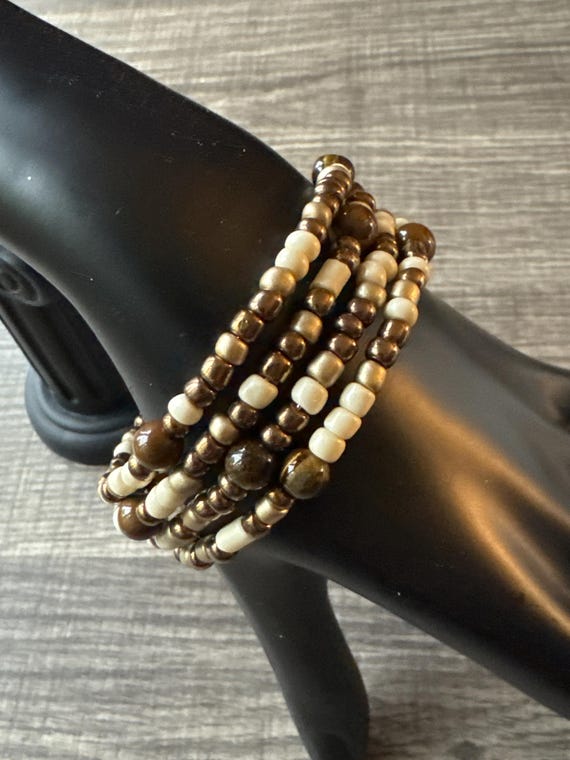 Tiger Eye & Brown/Ivory Seed Bead bracelet | Morse Code Memory Wire Bracelet | Message in a Bracelet | Beaded Bracelet