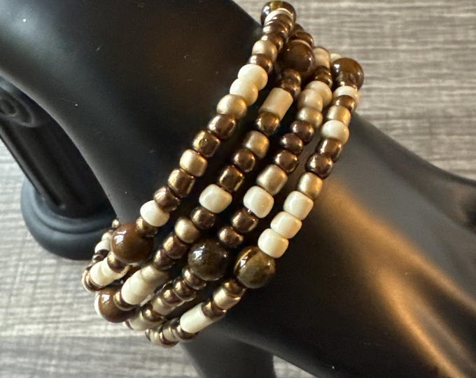 Tiger Eye & Brown/Ivory Seed Bead bracelet | Morse Code Memory Wire Bracelet | Message in a Bracelet | Beaded Bracelet