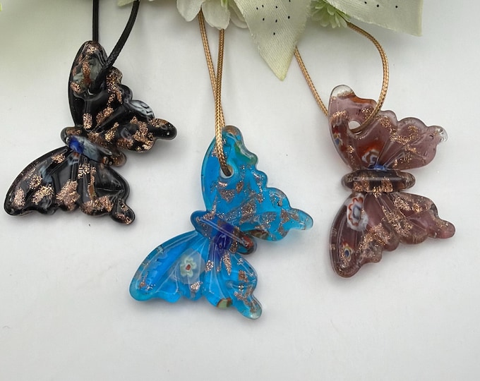 Millefiori Butterfly Pendant Necklace | Glass Butterfly Pendant Necklace