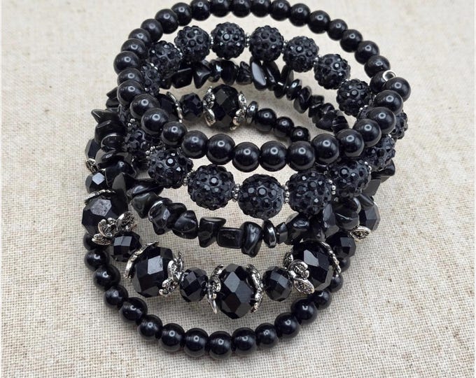 Black Bead Memory Wire Bracelet |  Multi Strand Bracelet | Wrap Bracelet