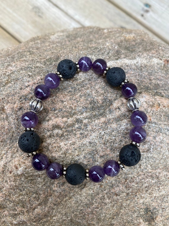 Amethyst Bead & Black Lava Diffuser Bracelet