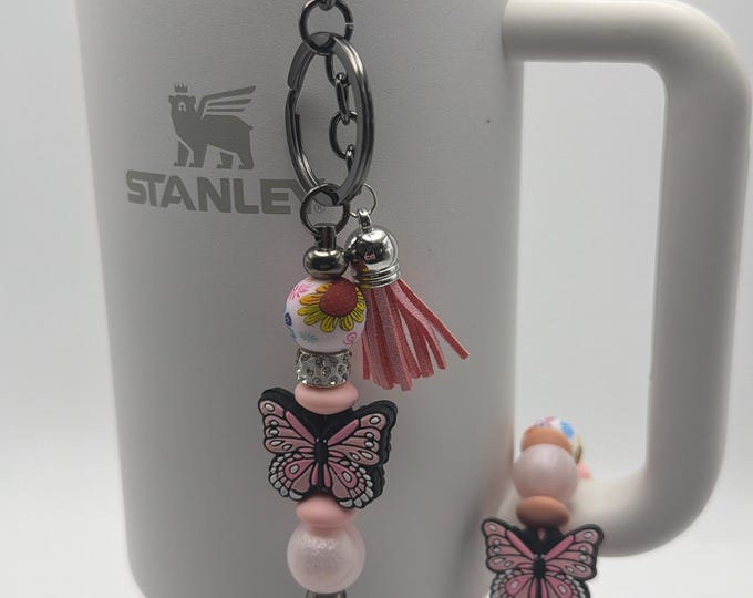 Pink Butterfly Tumbler Set | Stanley Cup Accessories | Buttterfly Cup Handle Bracelet | Pink Butterfly Straw Charm