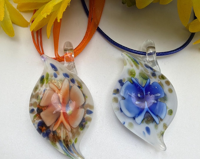 Murano Inspired Glass Flower Pendant Necklace | Flower Pendant Necklace | Lampwork Glass Flower Pendant