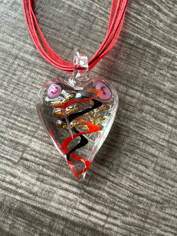 Black/Red Heart Pendant | Murano Glass Heart | Swirl Heart Pendant Necklace