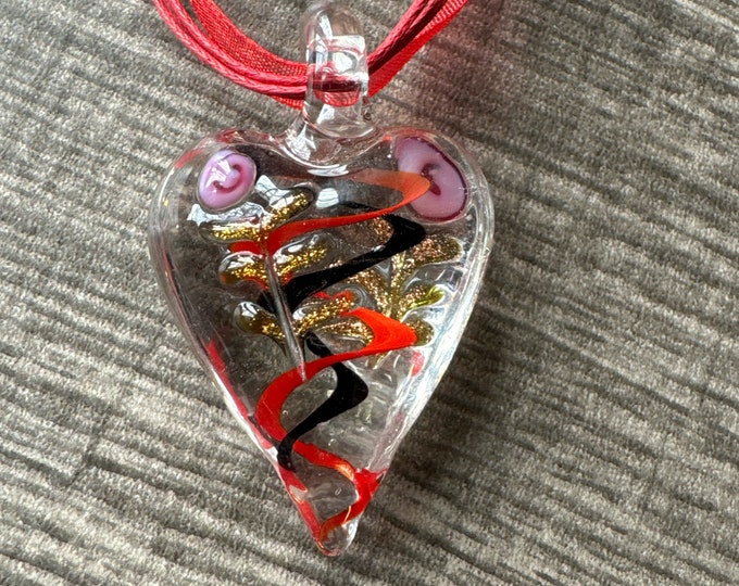 Black/Red Heart Pendant | Murano Glass Heart | Swirl Heart Pendant Necklace