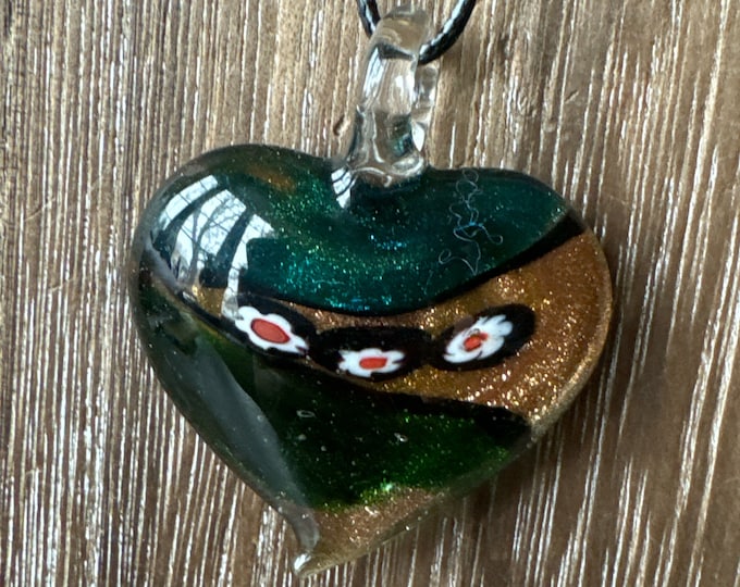 Green/Gold/Green Millefiori Glass Heart Pendant | Flower Heart Pendant Necklace