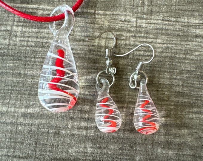 Red/White Drop Pendant Set | Glass Dangle Pendant Necklace & Earring Set