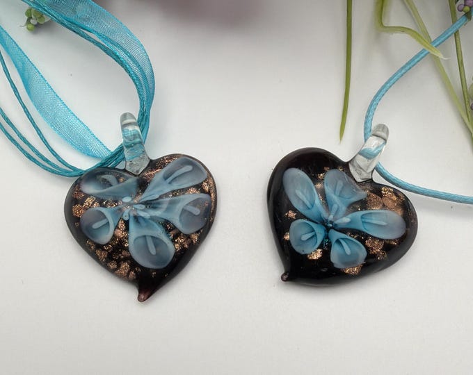 Flower Pendant Necklace | 3D Glass Heart Pendant | Murano Inspired Glass Heart | Heart Pendant Necklace | Lampwork Glass Flower Pendant