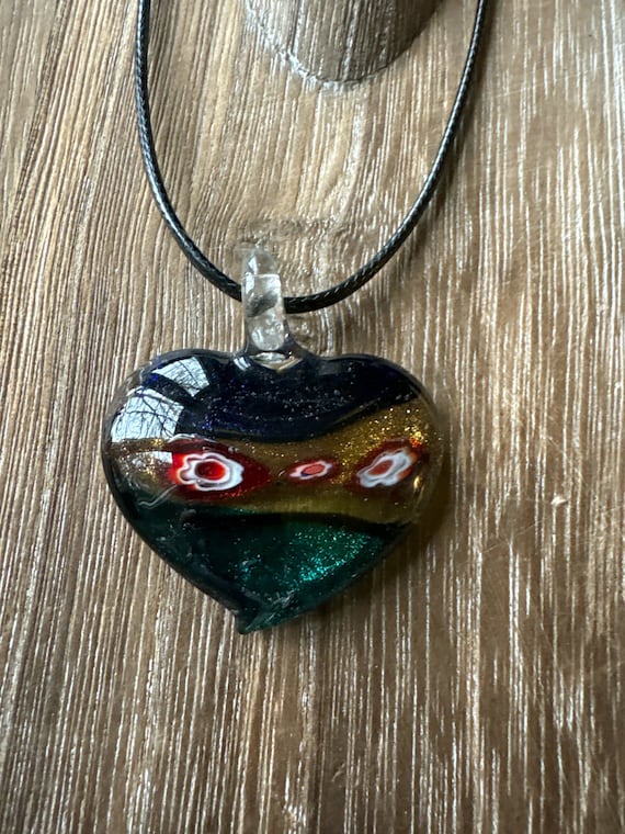 Navy Blue/Gold/Green Millefiori Heart | Flower Glass Heart | Heart Pendant Necklace