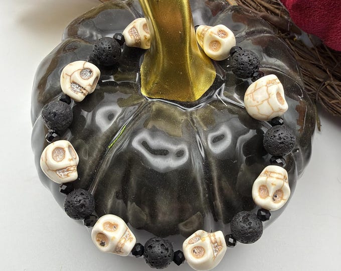 Howlite Skull & Lava Stone Bracelet | Diffuser Bracelet| Halloween Bracelet