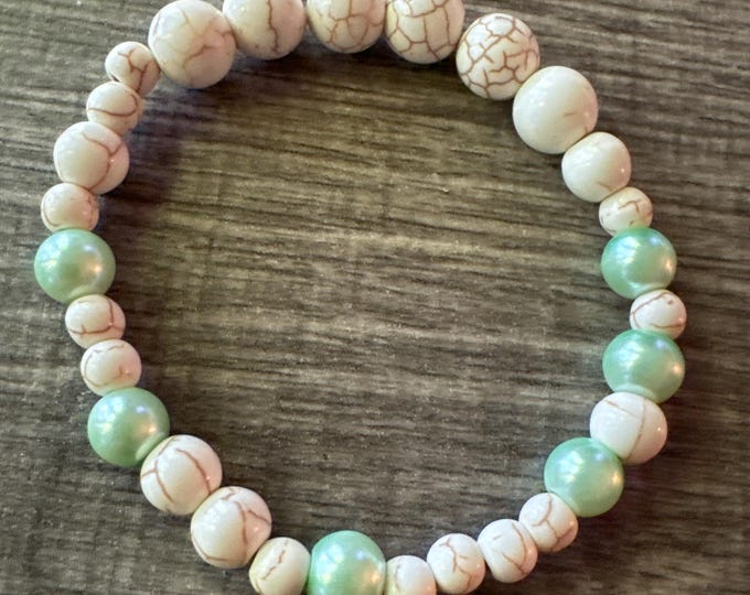 Howlite & Mint Green Stretch Bracelet | Beaded bracelet | Morse Code Bracelet - Fighter | Message in a Bracelet | Quote Bracelet