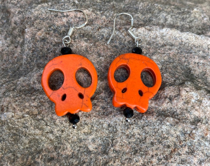 Howlite Orange Skull Earrings