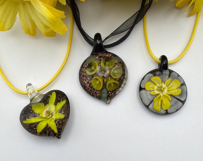 Yellow Flower Pendant | Murano Inspired Glass Heart | Flower Pendant Necklace