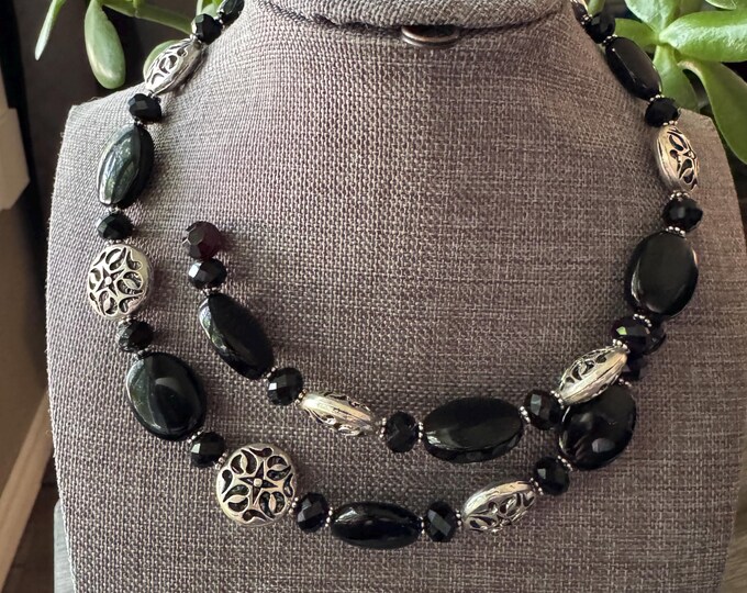 Statement Necklace | Black Agate & Silver Filigree Bead Necklace  | 15” Choker Style Necklace | Memory Wire Necklace