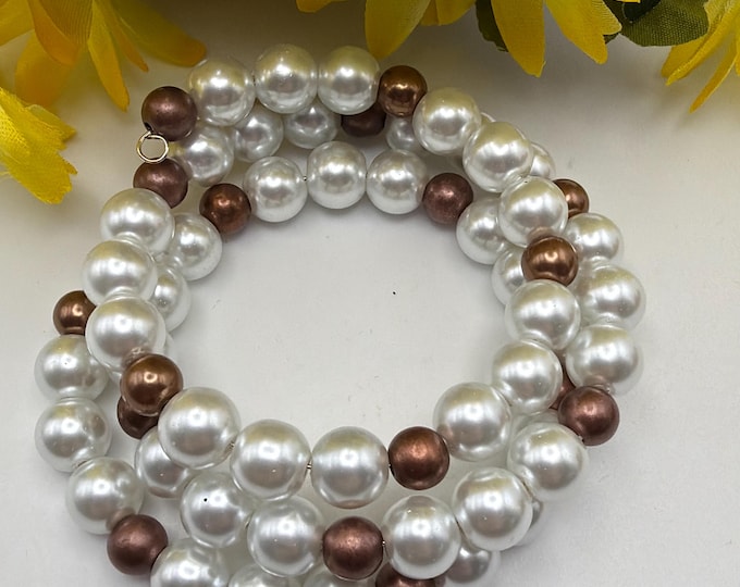 White & Copper Color Pearl Memory Wire Bracelet | Vintage Accent Beads Bracelet