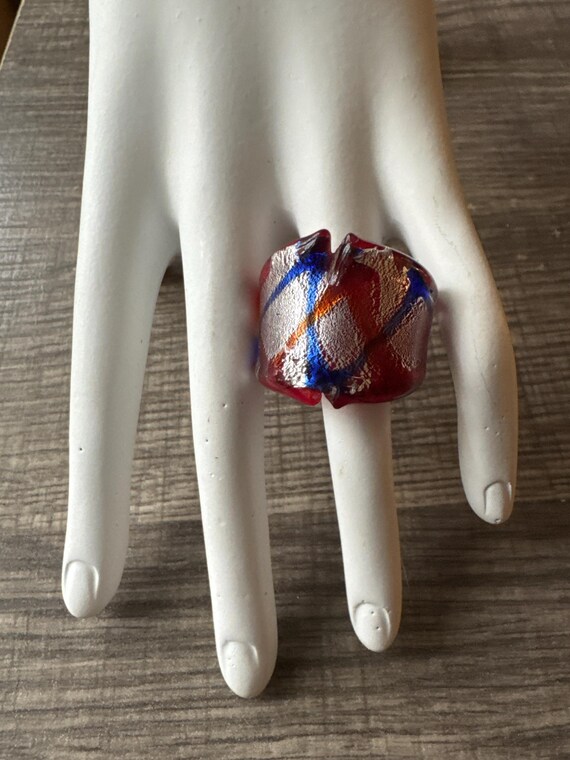 Red/Silver/Blue Murano Glass Lampwork Ring - Size  7 1/4