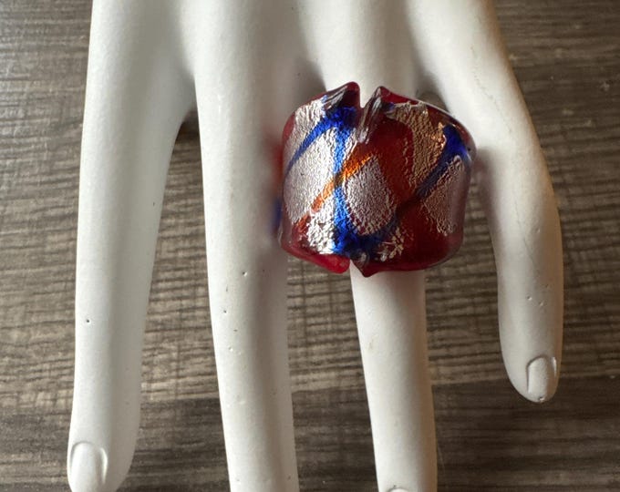 Red/Silver/Blue Murano Glass Lampwork Ring - Size  7 1/4