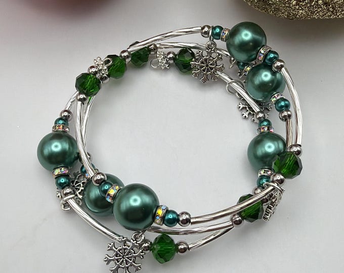 Snowflake Bracelet | Green Pearl Memory Wire Bracelet | Christmas Bracelet | Holiday Bracelet