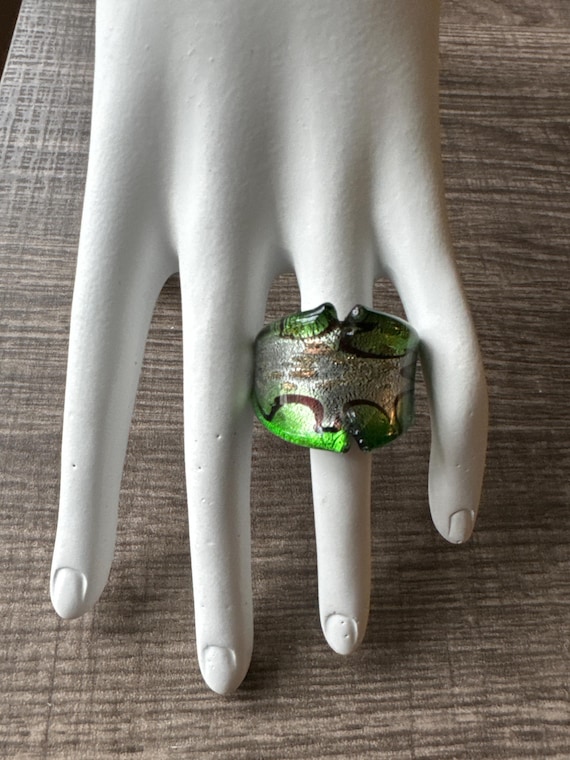 Green/Silver/Gold | Murano Glass RIng | LampWork Statement Ring / Size 8 1/2