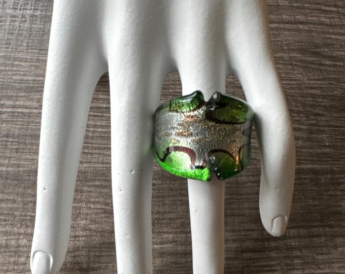 Green/Silver/Gold | Murano Glass RIng | LampWork Statement Ring / Size 8 1/2