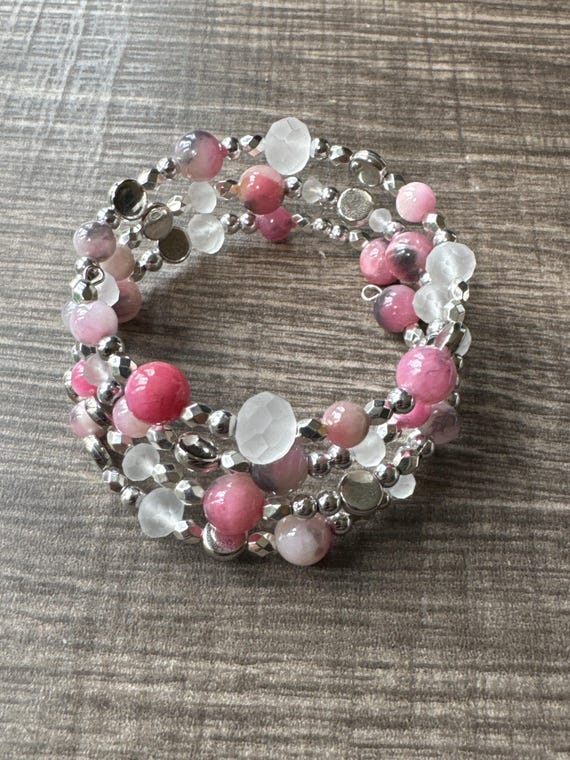 Pink Jade Bead Memory Wire Bracelet | Pink Memory Wire Bracelet