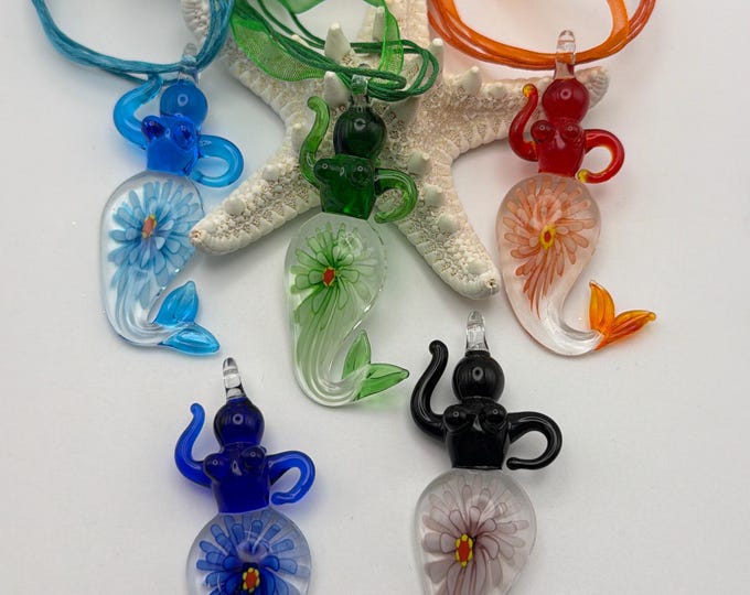 Mermaid Flower Pendant Necklace | Murano Inspired Glass Mermaid Flower | Lampwork Glass Mermaid Flower Pendant