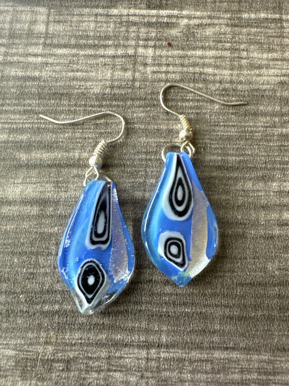 Blue/Black/Silver Drop Lampwork Millefiori Glass Earrings