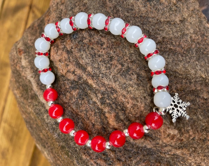Red/White Glass Bead Bracelet with Snowflake Charm**